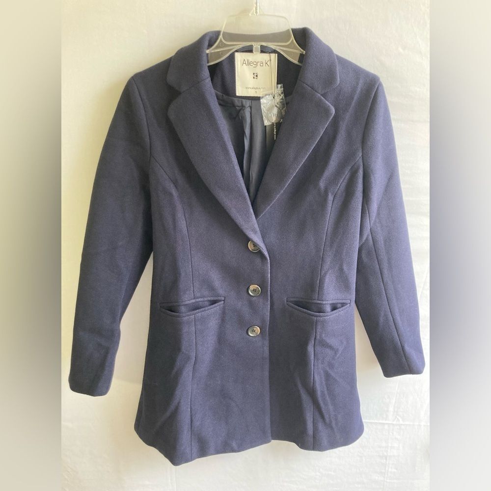 Allegra K Women's Notched Lapel Single Breasted Outwear Winter Coat Navy Small